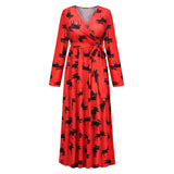 Christmas Print Long Dress for Women Autumn V-neck Knitting  A-LINE Belt Slim Ankle-Length