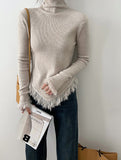 Korean Chic  Autumn Winter Elegant Tassel Spliced Sweater Pullover Women Turtleneck Long Sleeve Black Knitted Jumper