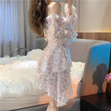 woloong Fairy Dress Holiday Irregular Floral Dress Square Collar Women's Spring Long Sleeved Princess Slim Fairy Dress Ruffle Short Dress Vacation