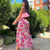 Floral Print Slip V Neck Backless Slit Sexy Bodycon Maxi Prom Dress Summer Women Elegant Outfit Streetwear Party Kawaii