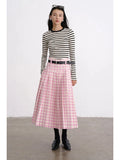 A-line Elegant Pink Plaid Pleated Midi Women Skirt Vintage Korean Fashion Preppy Style