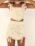 Sexy Floral Print Bow Cross Lacing up Back Corset Wood ears Crop Top + High Waist Ribbon Asymmetric Mini Skirt 2 pieces 1 set