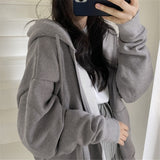 Woloong Brown Zip Up Hooded Sweatshirts Women Vintage Pockets Oversized Jacket Coat Autumn Female Y2K Aesthetic Long Sleeve Hoodie