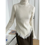 Korean Chic  Autumn Winter Elegant Tassel Spliced Sweater Pullover Women Turtleneck Long Sleeve Black Knitted Jumper