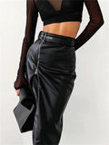 Black PU Leather High Waist Pencil Skirts Vintage Grunge Women Streetwear Zipper High Split Bodycon Midi Skirt with Belt