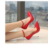 13cm Sexy High Heels Women Night Club Pointed Toe Ankle Strap Thin Metal Heels PU Leather Office Ladies Pumps Shoes Plus Size 44