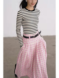 A-line Elegant Pink Plaid Pleated Midi Women Skirt Vintage Korean Fashion Preppy Style