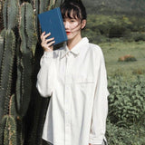 Blouse Women Shirts Turn-down Collar Long Sleeve Plaid Outwear Pocket White Korean Style Students Ulzzang Leisure All-match Chic