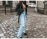 Woloong Ripped Jeans For Women  Streetwear Straight Denim Pants High Waist Long Denim Trousers Women Hollow Out Jeans