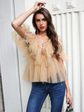 Woloong Simplee V-neck mesh lace up sexy blouse summer women Strap boho ruffle cold shouler elegant tops Tulle see through casual shirt