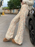 Puppy Print Casual Sweat Y2k Pants Female Autumn Winter Plus Fleece High Waisted Slim Rope Flared Straight Leg Pants