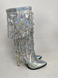 Fashion Pointed Toe Fringe Sequined Mid Calf Boots For Women Zip Metallic Glitter Sexy Elegant Dress Long Shoes