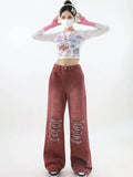 Woloong Women's Vintage Red Baggy Jeans 90s Aesthetic High Waist Denim Trousers Korean 2000s Y2k Harajuku Wide Pants Trashy Clothes