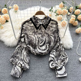 Autumn Puff Sleeve Shirts Blouse Women Floral Long Sleeve Lapel Buttons Vintage Shirts Elegant Blouses Tops Female GD631