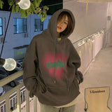 Women's Grey Fashion Letter Printing Baggy Pullover Pocket Fleece Thicken Sweatshirt Lazy Casual Raglan Sleeves Hoodie Winter