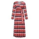 Christmas Print Long Dress for Women Autumn V-neck Knitting  A-LINE Belt Slim Ankle-Length