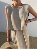 Cotton Sleeveless Tank Top Wide Leg Pants Set O-Neck Casual Oversize Tops Two Piece Sets  Women Fashion Shopping Outifits