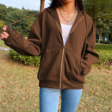 Woloong Brown Zip Up Hooded Sweatshirts Women Vintage Pockets Oversized Jacket Coat Autumn Female Y2K Aesthetic Long Sleeve Hoodie