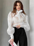 White Chiffon Top Shirts For Women Elegant Long Lantern Sleeve Mesh T-shirt See-Through Blouse Bow Sheer Ladies Shirts