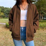 Woloong Brown Zip Up Hooded Sweatshirts Women Vintage Pockets Oversized Jacket Coat Autumn Female Y2K Aesthetic Long Sleeve Hoodie