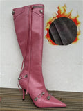 woloong Woman Boot Fashion Sexy Pure Color Pointed Toe Stilettos Heels Vintage Metal Buckle Zipper Knee High Boots Slim Tassel Shoes 45
