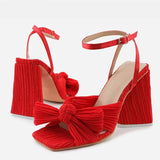 Size 44 45 46 Fashion Pleated Butterfly-Knot Womens Sandals Gladiator Peep Toe Buckle Strap Triangle High Heels Dress Shoe