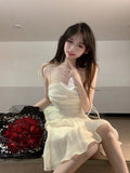 Woloong Fairy Dress Summer Spaghetti Strap Dress Pleated Backless Corset Dress High Waist Slim Short A-Line Dress Gauze Women's Spring Clothing