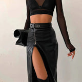 Black PU Leather High Waist Pencil Skirts Vintage Grunge Women Streetwear Zipper High Split Bodycon Midi Skirt with Belt