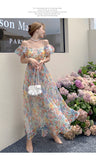 woloong Women's Summer Floral Dress Spaghetti Strap Dress Backless Puff Sleeves Sweet A-line Off Shoulder Midi Dress Holiday