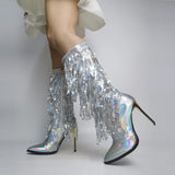 Fashion Pointed Toe Fringe Sequined Mid Calf Boots For Women Zip Metallic Glitter Sexy Elegant Dress Long Shoes