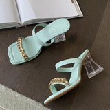 Transparent Chunky Heels Mules Slippers Ladies Fashion Metal Chain Design Pink Sandals For Women Open Toe Gladiator Shoes Slides