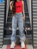 Woloong Patchwork Women's Jeans Y2K Streetwear Baggy Straight Cargo Pants Punk High Waist Wide Leg Denim Trousers 90s Vintage