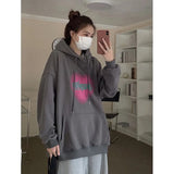 Women's Grey Fashion Letter Printing Baggy Pullover Pocket Fleece Thicken Sweatshirt Lazy Casual Raglan Sleeves Hoodie Winter