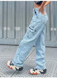 Women High Waist Baggy Jeans Flap Pocket Side Relaxed Fit Straight Wide Leg Cargo Jeans Slim Streetwear Boyfriend Jeans Trousers