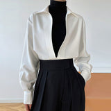 Woloong  Loose Blue Shirt For Women V Neck Long Sleeve Solid Minimalist Vintage Blouses Female Korean Fashion Clothing Style