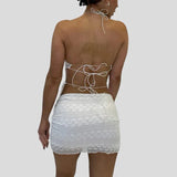 Two Piece Set Chic Women V Neck Halter Camis Tops Sexy Chest Wrap Backless Tie Up Bandage Crop Tops + Mini Pencil Skirt White