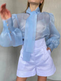 White Chiffon Top Shirts For Women Elegant Long Lantern Sleeve Mesh T-shirt See-Through Blouse Bow Sheer Ladies Shirts