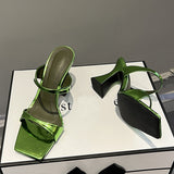 High Quality Green Patent Leather Strange Heels Slippers Sexy Street Woman Square Toe Dress Party Shoes Summer Sandals