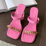 Transparent Chunky Heels Mules Slippers Ladies Fashion Metal Chain Design Pink Sandals For Women Open Toe Gladiator Shoes Slides