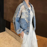 Woloong Chic Diamond-studded Denim Jacket Loose Lace Mesh Stitching Sequined Bomber Jeans Coat Hollow Beaded Cardigan Thin Tops Chaqueta