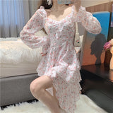 woloong Fairy Dress Holiday Irregular Floral Dress Square Collar Women's Spring Long Sleeved Princess Slim Fairy Dress Ruffle Short Dress Vacation