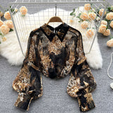 Autumn Puff Sleeve Shirts Blouse Women Floral Long Sleeve Lapel Buttons Vintage Shirts Elegant Blouses Tops Female GD631