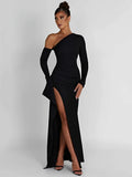 Shoulder Thigh High Split Maxi Dress Women Long Sleeve Backless Bodycon Sexy Club Party Long Dress Vestidos