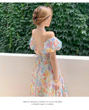 woloong Women's Summer Floral Dress Spaghetti Strap Dress Backless Puff Sleeves Sweet A-line Off Shoulder Midi Dress Holiday