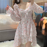 woloong Fairy Dress Holiday Irregular Floral Dress Square Collar Women's Spring Long Sleeved Princess Slim Fairy Dress Ruffle Short Dress Vacation