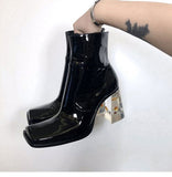 Womens Square Toe Ankle Boots Clear Transparent Crystal Flower Heel Retro Shoes Black Vintage Warm Winter Luxury