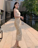 Women Sexy Bodycon Evening Party Dress Summer Fashion Backless Halter Midi Dresses Chic Sequins Vestidos