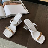 Transparent Chunky Heels Mules Slippers Ladies Fashion Metal Chain Design Pink Sandals For Women Open Toe Gladiator Shoes Slides