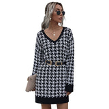 Jenvon Coran Women's Winter Dress, Woman Pullovers, Autumn Knitted Houndstooth Sweater Dress Female .