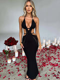 Crochet Halter Sleeveless Backless Solid Hollow Out Bandage Sexy Slim Maxi Prom Dress Winter Festival Party Outfit